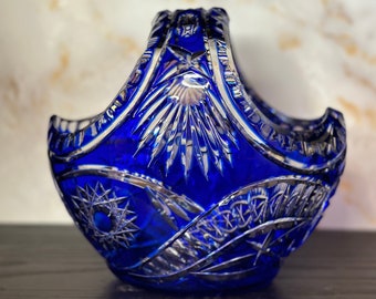 Stunning Cobalt Blue Bohemian Hand Cut Crystal Basket