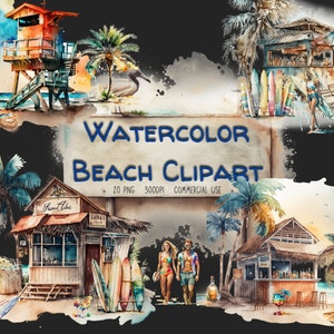 Watercolor Beach Clipart Set - Summer Beach Clipart, watercolor beach scene, Beach Clip Art, for instant download,commercial use clipart set