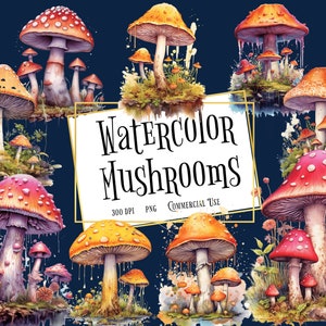 Watercolor Mushrooms Clipart - Watercolor Clipart Bundle PNG format instant download for commercial use