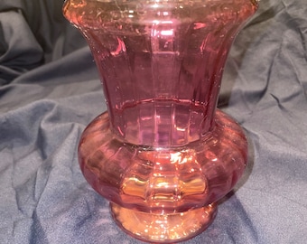 Vintage Hand Blown Cranberry Optic Ribbed Wide Mouth Vase