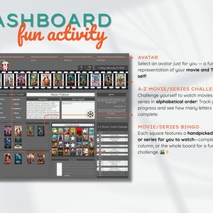May include: A digital dashboard with the text "DASHBOARD fun activity" in teal and orange. The dashboard includes sections for tracking movies and series, with an avatar selection, an A-Z movie challenge, and a movie bingo game.
