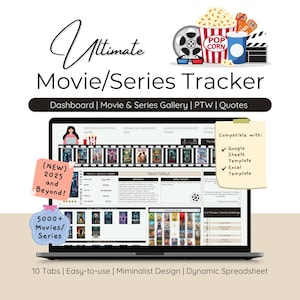 Modèle de feuille de calcul de suivi de films et de séries Émission de télévision Planificateur de journal Citations et collection de galeries Un excellent cadeau pour les amateurs de cinéma Bingo cinéma