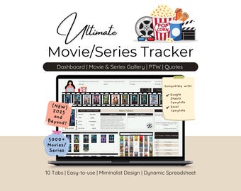 Movies & Series Tracker Spreadsheet Template TV Show Journal Planner Quotes and Gallery Collection Great Gift for Film Lovers Movie Bingo