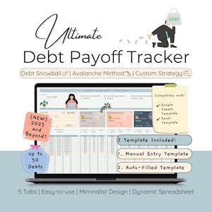 Planificador de deudas: plantilla de hoja de cálculo, calculadora de bola de nieve, método de avalancha, seguimiento de pagos personalizado, calendario de pagos de préstamos estudiantiles con tarjeta de crédito.