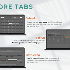 May include: Image showing three laptop screens displaying different sections of a digital planner. The sections include a calendar, setup options, and instructions. Text on the image reads "More Tabs".