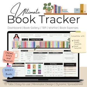 Modello di foglio di calcolo per il monitoraggio definitivo dei libri di lettura del 2025, calendario TBR, elenco dei libri, monitoraggio del budget, biblioteca personale digitale, recensione del libro