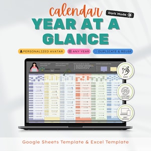 May include: A laptop displays a "Year at a Glance" calendar template. The screen shows a colorful spreadsheet with text that reads "calendar YEAR AT A GLANCE". Additional text includes "Personalized Avatar", "Any Year", and "Duplicate & Reuse".