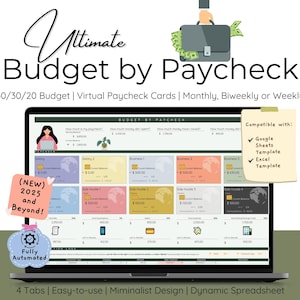 May include: A laptop screen displays a budget spreadsheet titled "Ultimate Budget by Paycheck." The design includes colorful sections for various income and expense categories. Text on the screen includes "50/30/20 Budget" and "Virtual Paycheck Cards." Additional text indicates compatibility with Google Sheets and Excel.