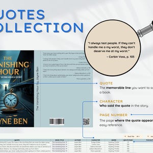 May include: A book cover for "The Vanishing Hour" by Jayne Ben, with a train station scene and a pocket watch. The image includes a quote: "I always test people..." by Corbin Voss, p. 105. The title "Quotes Collection" is at the top.