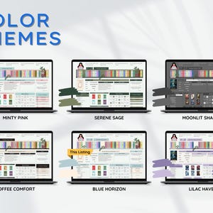 May include: A digital display of six laptops showcasing different color themes. The text "COLOR THEMES" is at the top. Each laptop displays a website design with color palettes labeled "Minty Pink", "Serene Sage", "Moonlit Shadow", "Coffee Comfort", "Blue Horizon", and "Lilac Haven".