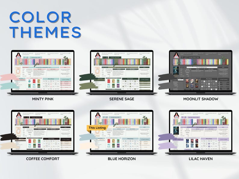May include: A digital display of six laptops showcasing different color themes. The text "COLOR THEMES" is at the top. Each laptop displays a website design with color palettes labeled "Minty Pink", "Serene Sage", "Moonlit Shadow", "Coffee Comfort", "Blue Horizon", and "Lilac Haven".