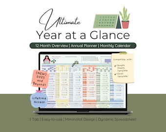 Plantilla de Excel de calendario de un vistazo, plantilla de Google Sheets de calendario inteligente mensual, hoja de cálculo de seguimiento anual, planificador anual, notas diarias