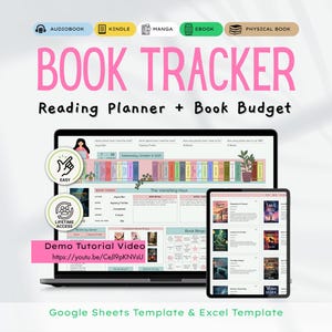 Könnte beinhalten: Ein Laptop und ein Tablet zeigen eine "Book Tracker"-Tabelle mit dem Text "Reading Planner + Book Budget" in Pink. Symbole für Hörbuch, Kindle, Manga, E-Book und physisches Buch befinden sich oben. Der Laptop-Bildschirm zeigt eine Bücherregal-Grafik.