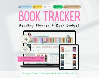 Peut inclure: Un ordinateur portable et une tablette affichent une feuille de calcul "Book Tracker", avec le texte "Reading Planner + Book Budget" en rose. Des icônes pour les livres audio, Kindle, manga, ebook et livre physique sont en haut. L'écran de l'ordinateur portable affiche une bibliothèque.