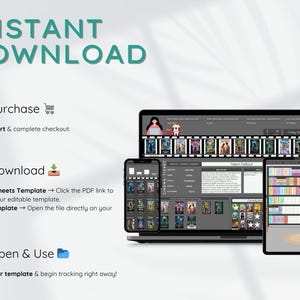 May include: A digital product template displayed on a laptop, phone, and tablet. The screens show a movie tracker interface. The image includes the text "INSTANT DOWNLOAD" and instructions for purchase, download, and use.