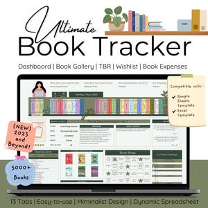 Modello di foglio di calcolo per il monitoraggio dei libri del 2025 Diario di lettura Registro di revisione per biblioteca personale Regalo per gli amanti dei libri Tracker TBR Raccolta di libri digitali