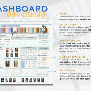May include: A digital dashboard with the text "DASHBOARD fun activity" in blue and yellow. The dashboard includes features like "Avatar," "Should I Buy It?," "Book of the Day," "A-Z Book Challenge," and "Book Bingo." It also displays book covers and charts.