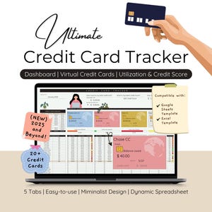 Könnte beinhalten: Ein Laptop-Bildschirm zeigt ein Kreditkarten-Tracker-Dashboard mit dem Text "Ultimate Credit Card Tracker". Das Bild enthält eine Hand, die eine Kreditkarte hält, Haftnotizen und die Wörter "2025 and Beyond!" und "20+ Credit Cards."