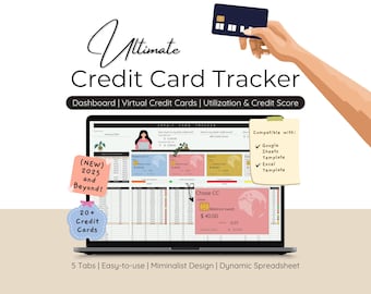 Könnte beinhalten: Ein Laptop-Bildschirm zeigt ein Kreditkarten-Tracker-Dashboard mit dem Text "Ultimate Credit Card Tracker". Das Bild enthält eine Hand, die eine Kreditkarte hält, Haftnotizen und die Wörter "2025 and Beyond!" und "20+ Credit Cards."