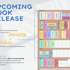 May include: A colorful bookshelf-style planner titled "Upcoming Book Release." The planner is divided into months from January to December, with space to list upcoming books. The text includes "Color-Coded Fun" and book titles.