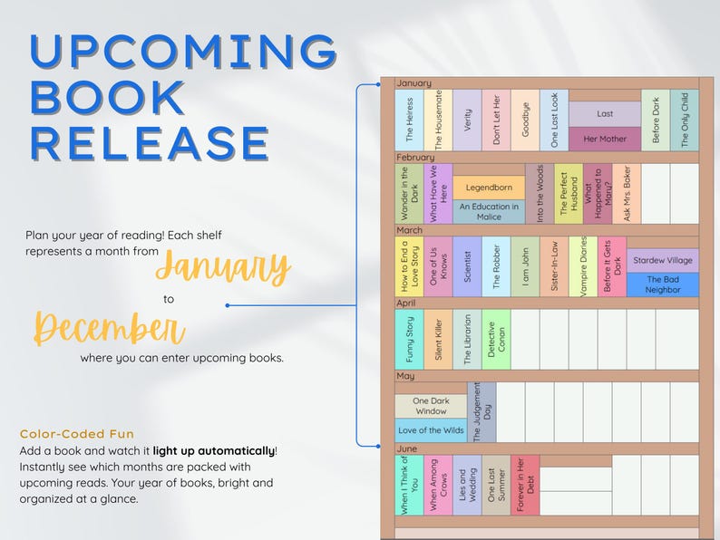 May include: A colorful bookshelf-style planner titled "Upcoming Book Release." The planner is divided into months from January to December, with space to list upcoming books. The text includes "Color-Coded Fun" and book titles.