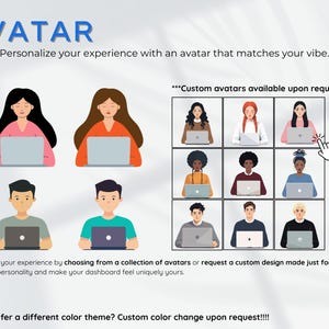 May include: Image features the word "AVATAR" in blue text. Below, various avatar illustrations are displayed, each holding a laptop. Text encourages personalization with custom avatars available upon request, with color theme changes also available.