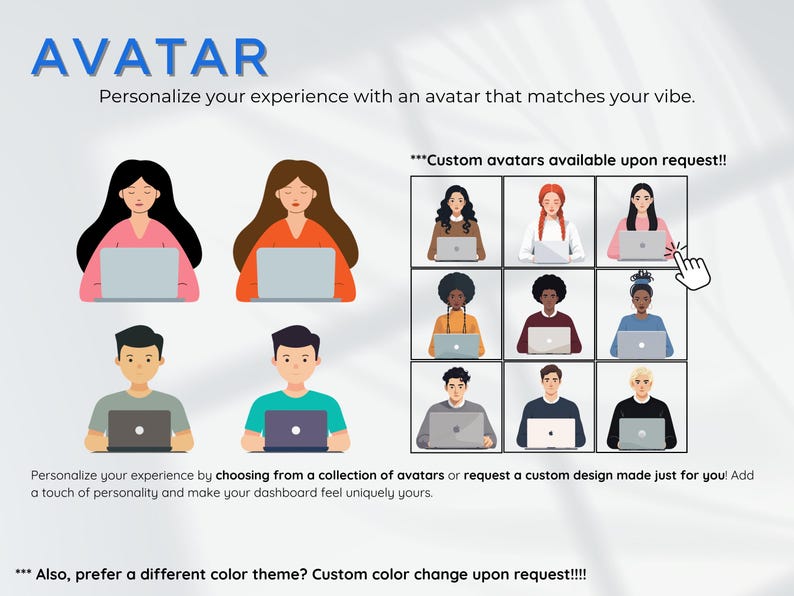 May include: Image features the word "AVATAR" in blue text. Below, various avatar illustrations are displayed, each holding a laptop. Text encourages personalization with custom avatars available upon request, with color theme changes also available.