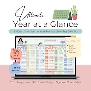 Puede incluir: Una computadora portátil muestra una hoja de cálculo titulada "Ultimate Year at a Glance". La pantalla muestra una vista general de 12 meses, un planificador anual y un calendario mensual. También hay un calendario de escritorio, una planta en maceta y notas adhesivas.