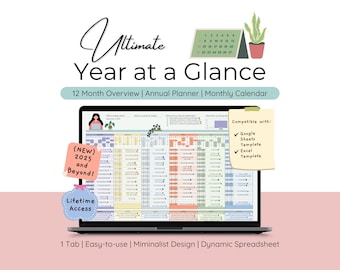 Calendario de un vistazo para Google Sheets, plantilla de Excel, hoja de cálculo con resumen anual de 12 meses, planificador anual, seguimiento de notas de eventos