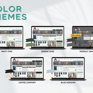 May include: A graphic showing five laptop screens displaying different color themes for a website. The text "COLOR THEMES" is at the top. The color themes are Minty Pink, Serene Sage, Moonlit Shadow, Coffee Comfort, and Blue Horizon.