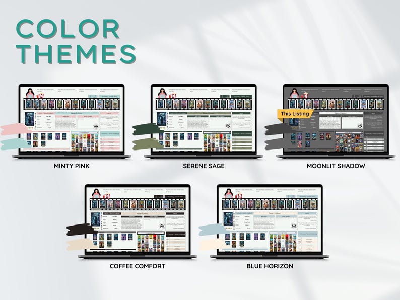 May include: A graphic showing five laptop screens displaying different color themes for a website. The text "COLOR THEMES" is at the top. The color themes are Minty Pink, Serene Sage, Moonlit Shadow, Coffee Comfort, and Blue Horizon.