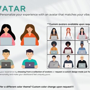 May include: Image featuring avatar illustrations. The word "AVATAR" is at the top. The text reads, "Personalize your experience with an avatar that matches your vibe." Additional text states, "Custom avatars available upon request!!" and "Also, prefer a different color theme? Custom color change upon request!!!!"