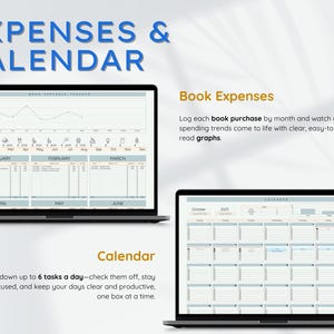 May include: Two laptops displaying a digital planner. The top laptop shows a book expenses tracker with a graph. The bottom laptop displays a monthly calendar. Text reads "EXPENSES & CALENDAR".