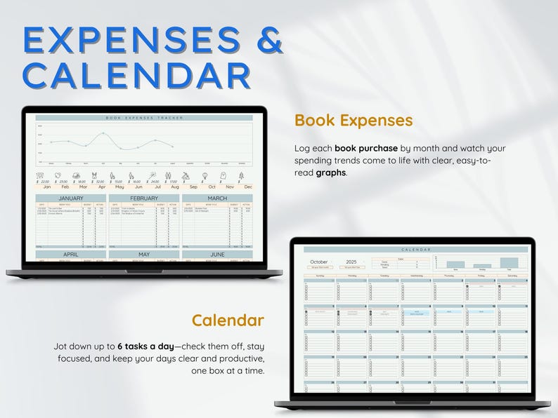 May include: Two laptops displaying a digital planner. The top laptop shows a book expenses tracker with a graph. The bottom laptop displays a monthly calendar. Text reads "EXPENSES & CALENDAR".
