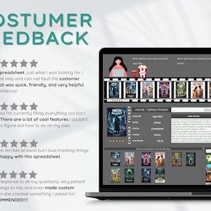 May include: A laptop screen displays a spreadsheet with movie information, including "Neon Fallout." Customer feedback is shown, with five-star ratings and positive comments about the product and customer service. The text "COSTUMER FEEDBACK" is at the top.