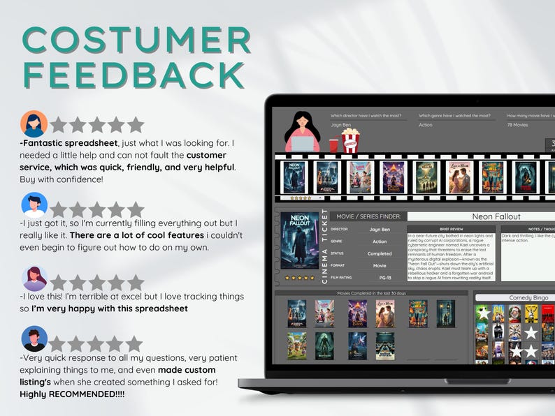 May include: A laptop screen displays a spreadsheet with movie information, including "Neon Fallout." Customer feedback is shown, with five-star ratings and positive comments about the product and customer service. The text "COSTUMER FEEDBACK" is at the top.