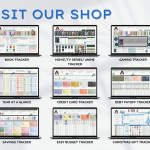 May include: A collection of laptop screens displaying various digital trackers. The screens showcase trackers for books, movies, gaming, finances, and Christmas gifts. The text "VISIT OUR SHOP" is at the top in blue.