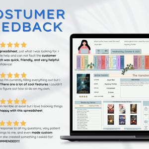May include: A laptop screen displays a spreadsheet with customer feedback and a book tracker. The book tracker includes a book finder, genre lists, and a book bingo section. The screen also shows the text "COSTUMER FEEDBACK".