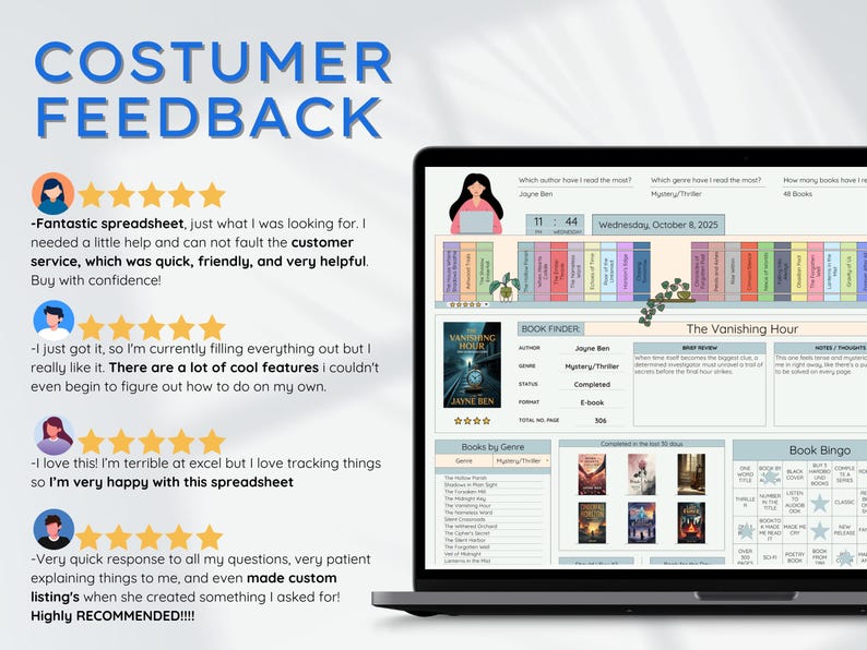 May include: A laptop screen displays a spreadsheet with customer feedback and a book tracker. The book tracker includes a book finder, genre lists, and a book bingo section. The screen also shows the text "COSTUMER FEEDBACK".