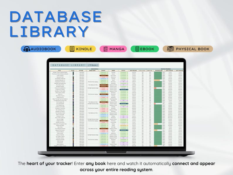 May include: A laptop displaying a spreadsheet labeled "DATABASE LIBRARY." The screen shows a list of books with color-coded columns for audiobook, Kindle, Manga, eBook, and physical book formats. Text at the top reads "DATABASE LIBRARY." The text at the bottom says "The heart of your tracker!"