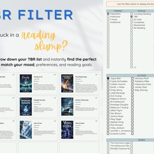 May include: A digital TBR (To Be Read) filter interface with book covers and filter options. The text reads "TBR FILTER" and "Stuck in a reading slump?" with options to filter by format, status, genre, author, and series to find the perfect book.