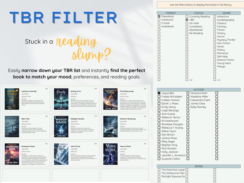 May include: A digital TBR (To Be Read) filter interface with book covers and filter options. The text reads "TBR FILTER" and "Stuck in a reading slump?" with options to filter by format, status, genre, author, and series to find the perfect book.