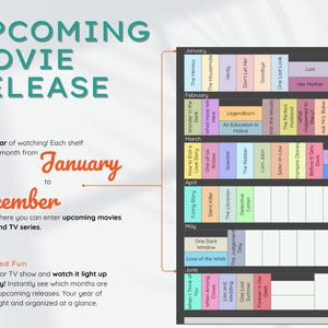 May include: A colorful movie release calendar with titles listed by month from January to December. The calendar includes text that says "Upcoming Movie Release" and "Color-Coded Fun".