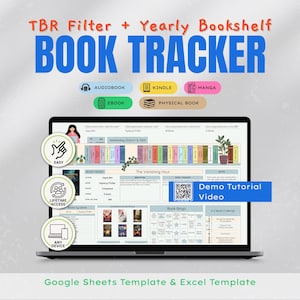 Puede incluir: Una computadora portátil muestra una hoja de cálculo "Book Tracker" con el texto "TBR Filter + Yearly Bookshelf". La pantalla muestra portadas de libros, una planta e iconos para audiolibro, Kindle, ebook, libro físico y manga. También se muestran las palabras "Easy", "Lifetime Access" y "Any Device".