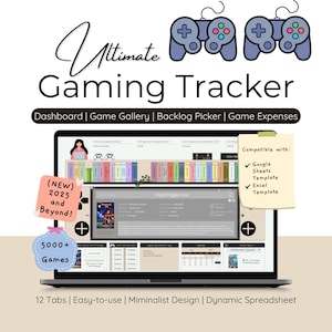 Puede incluir: Una pantalla de portátil muestra la interfaz "Ultimate Gaming Tracker", con un panel de control, galería de juegos y selector de lista de espera. El diseño incluye una insignia de "5000+ Juegos" y notas que indican compatibilidad con plantillas de Google Sheets y Excel. El texto dice "¡2025 y más allá!"
