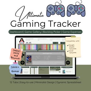 Puede incluir: Una pantalla de portátil muestra la interfaz "Ultimate Gaming Tracker", con mandos de juego en la parte superior. La interfaz incluye un panel de control, una galería de juegos y un selector de backlog. El texto incluye "5000+ Juegos".