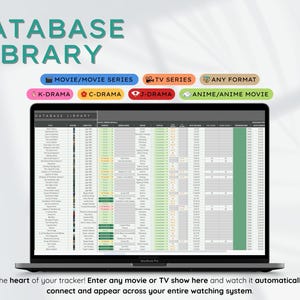 May include: A laptop displaying a spreadsheet labeled "DATABASE LIBRARY." Colored tabs above the screen indicate categories like "Movie/Movie Series" and "Anime/Anime Movie." The text below reads, "The heart of your tracker! Enter any movie or TV show here..."