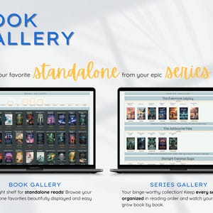 May include: Two laptops displaying a book gallery interface. One shows a collection of standalone books, the other a series gallery. Text at the top reads "BOOK GALLERY". Below, text says "Separate your favorite standalone from your epic series adventures."