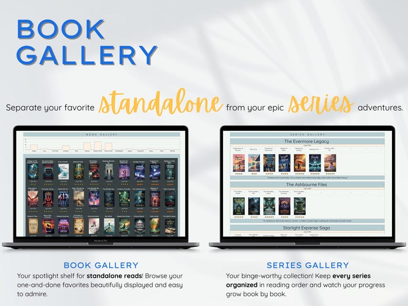 May include: Two laptops displaying a book gallery interface. One shows a collection of standalone books, the other a series gallery. Text at the top reads "BOOK GALLERY". Below, text says "Separate your favorite standalone from your epic series adventures."