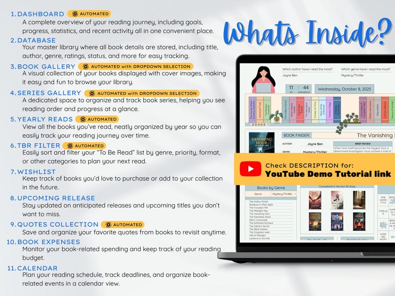 May include: A laptop displaying a digital library interface with features like a dashboard, database, book gallery, and wishlist. The screen shows book covers and a YouTube tutorial link. Text on the screen reads "What's Inside?"